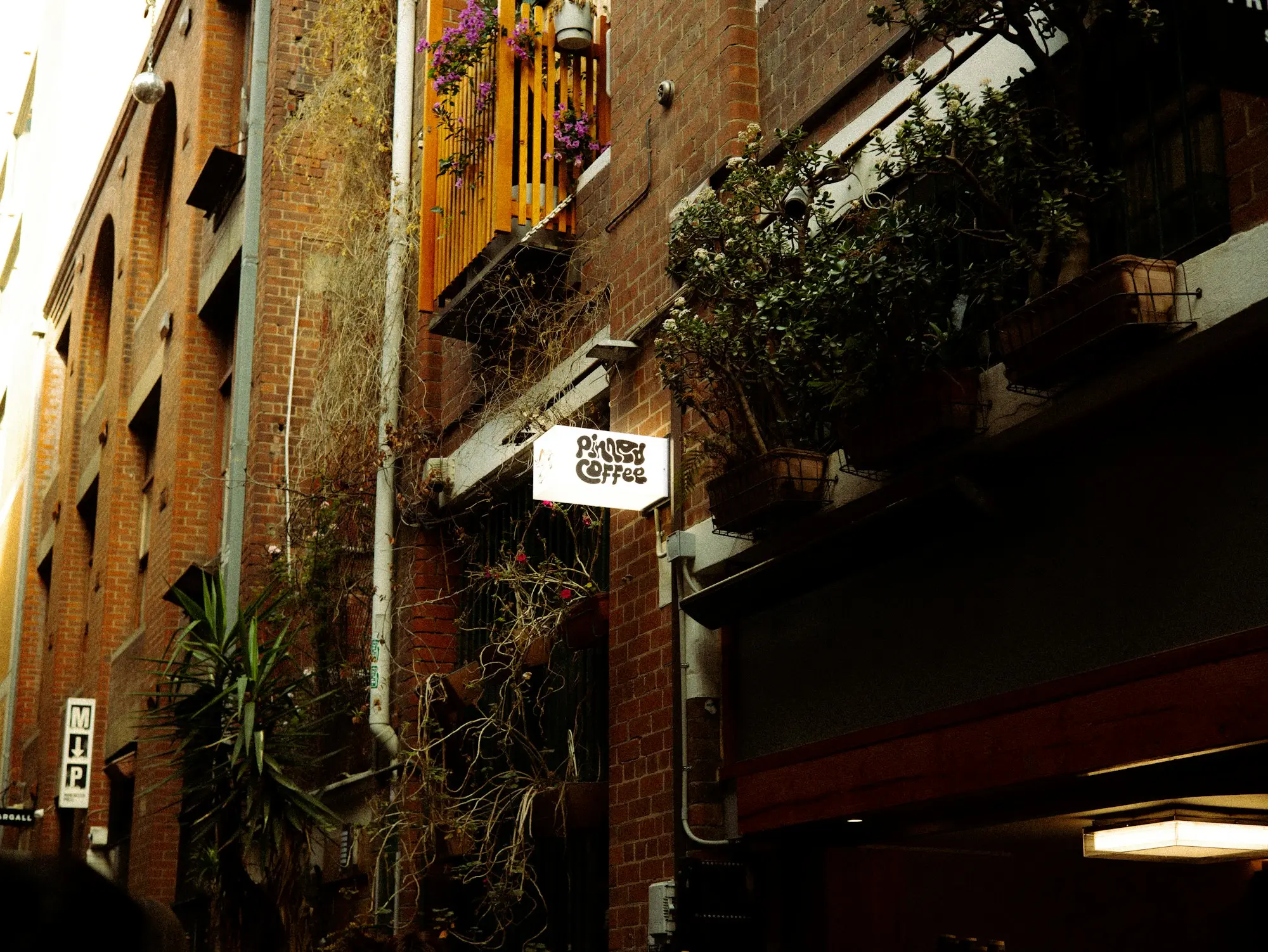 Narrow brick laneway with plants and a small sign in Melbourne