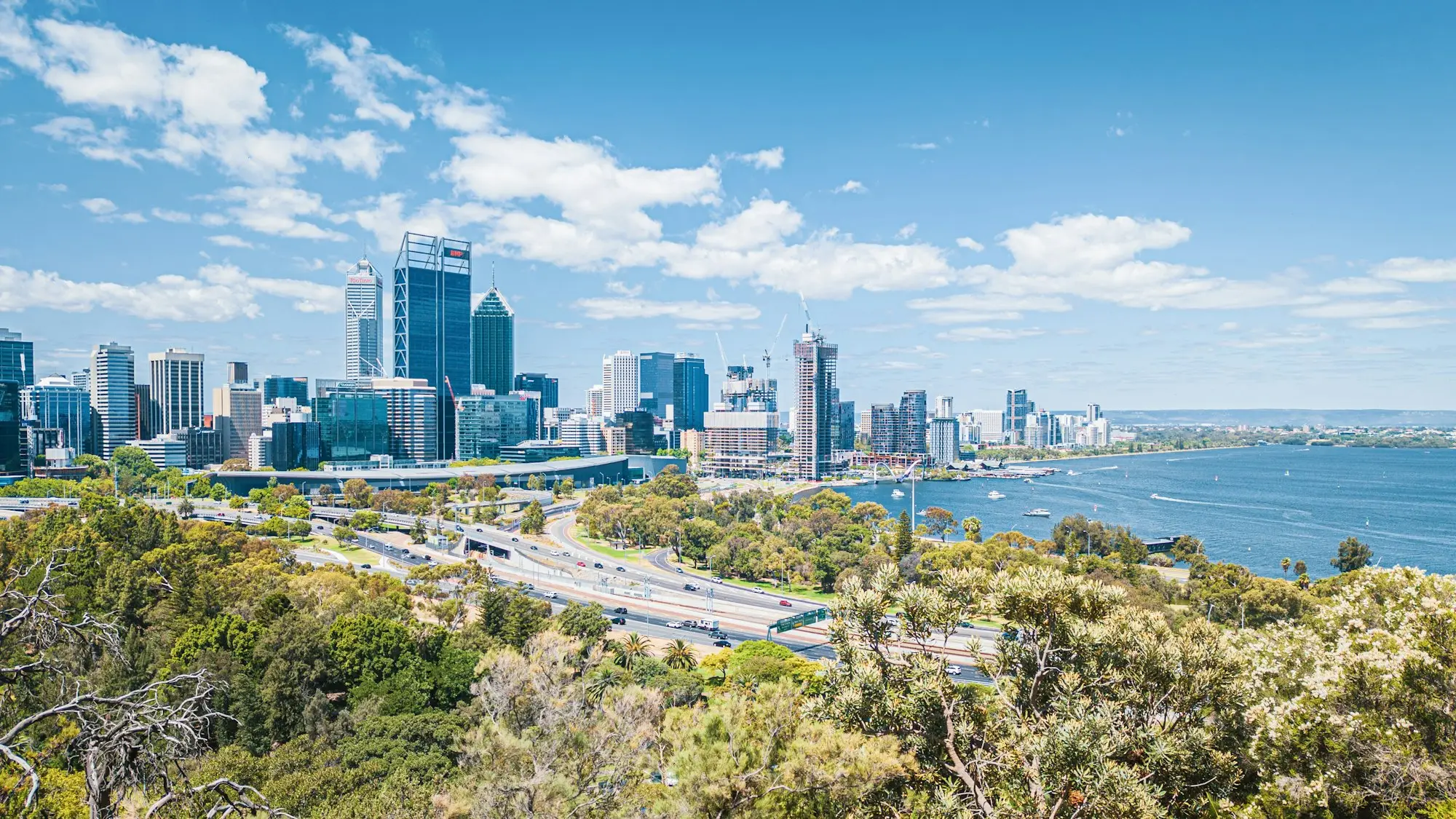 View over Perth city towards the ocean from a hill